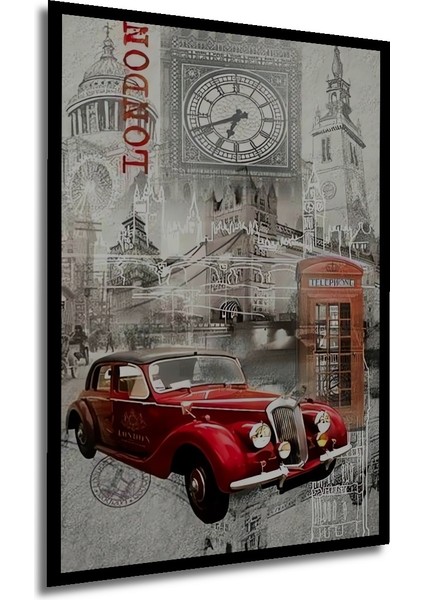 Londra Manzarası Siyah Beyaz Kara Kalem Görünümlü Dekoratif Ahşap Tablo Dikdörtgen Tablo