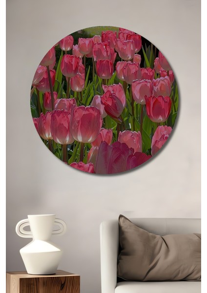 Pembe Lale Bahçesi Yağlı Boya Görünümlü Ahşap Dekoratif Tablo Yuvarlak Tablo