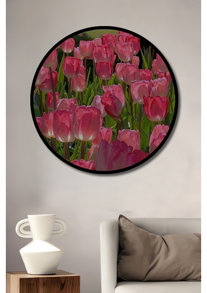 Pembe Lale Bahçesi Yağlı Boya Görünümlü Ahşap Dekoratif Tablo Yuvarlak Tablo fiyatları