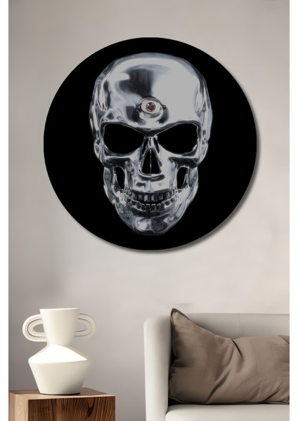 Metalik Kurukafa Yağlı Boya Görünümlü Ahşap Dekoratif Tablo Yuvarlak Tablo