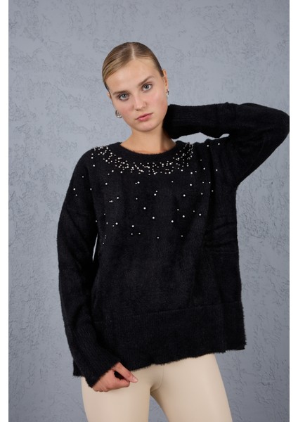 Kadın Siyah Sakal Iplik Yan Yırtmaçlı Inci Detaylı Bisiklet Yaka Triko Kazak