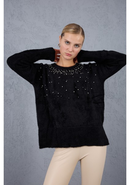 Kadın Siyah Sakal Iplik Yan Yırtmaçlı Inci Detaylı Bisiklet Yaka Triko Kazak fiyatları