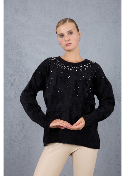 Kadın Siyah Sakal Iplik Yan Yırtmaçlı Inci Detaylı Bisiklet Yaka Triko Kazak modelleri