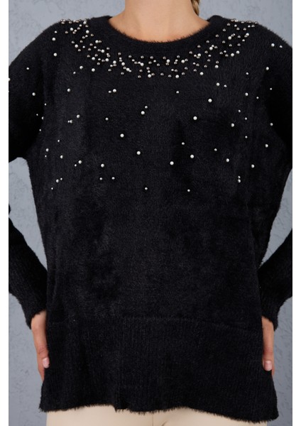 Kadın Siyah Sakal Iplik Yan Yırtmaçlı Inci Detaylı Bisiklet Yaka Triko Kazak indirimleri