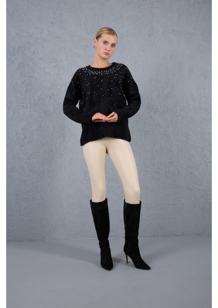 Kadın Siyah Sakal Iplik Yan Yırtmaçlı Inci Detaylı Bisiklet Yaka Triko Kazak