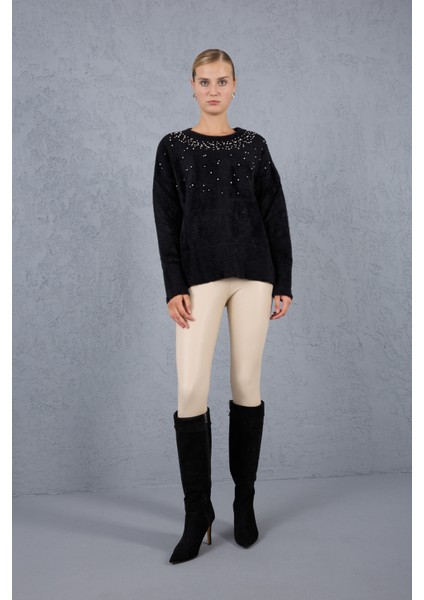 Kadın Siyah Sakal Iplik Yan Yırtmaçlı Inci Detaylı Bisiklet Yaka Triko Kazak