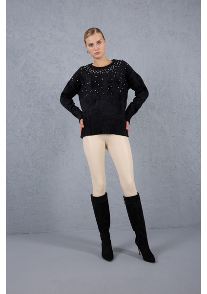Kadın Siyah Sakal Iplik Yan Yırtmaçlı Inci Detaylı Bisiklet Yaka Triko Kazak