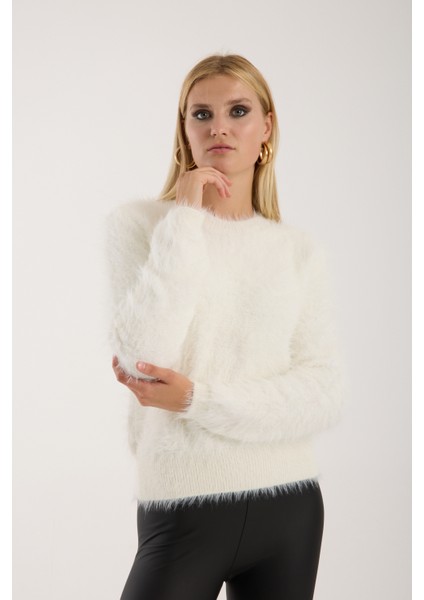 Kadın Ekru Sakal Iplik Bisiklet Yaka Triko Kazak