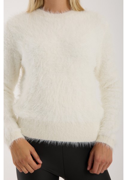 Kadın Ekru Sakal Iplik Bisiklet Yaka Triko Kazak modelleri