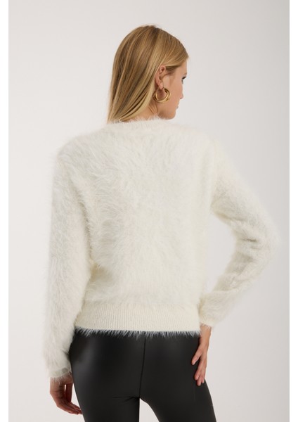 Kadın Ekru Sakal Iplik Bisiklet Yaka Triko Kazak