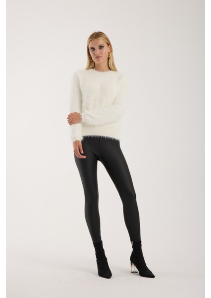 Kadın Ekru Sakal Iplik Bisiklet Yaka Triko Kazak