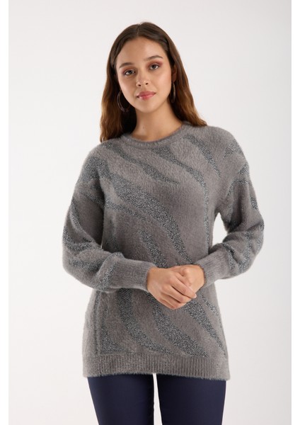 Kadın Gri Simli Sakal Iplik Balon Kollu Bisiklet Yaka Triko Kazak