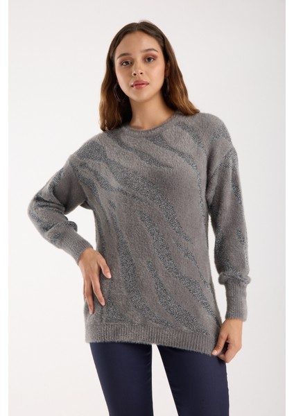 Kadın Gri Simli Sakal Iplik Balon Kollu Bisiklet Yaka Triko Kazak fiyatları
