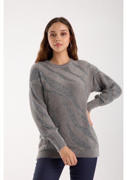 Kadın Gri Simli Sakal Iplik Balon Kollu Bisiklet Yaka Triko Kazak fırsatları