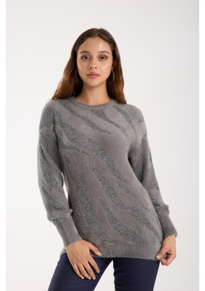 Kadın Gri Simli Sakal Iplik Balon Kollu Bisiklet Yaka Triko Kazak indirimleri