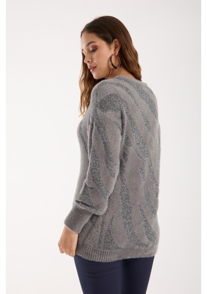 Kadın Gri Simli Sakal Iplik Balon Kollu Bisiklet Yaka Triko Kazak