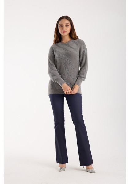 Kadın Gri Simli Sakal Iplik Balon Kollu Bisiklet Yaka Triko Kazak