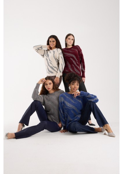 Kadın Gri Simli Sakal Iplik Balon Kollu Bisiklet Yaka Triko Kazak