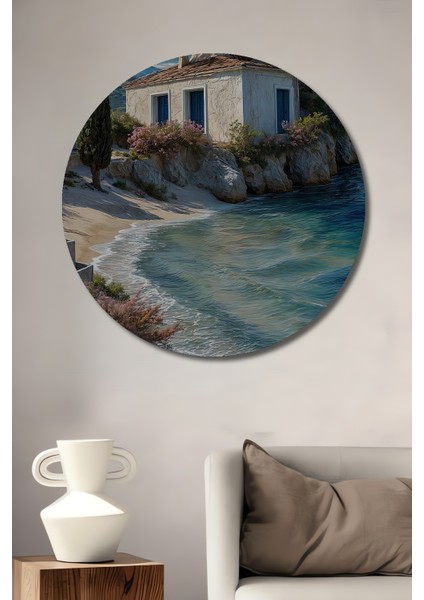 Deniz Kenarında Yağlı Boya Görünümlü Ahşap Dekoratif Tablo Sahil Evi Manzarası Yuvarlak Tablo