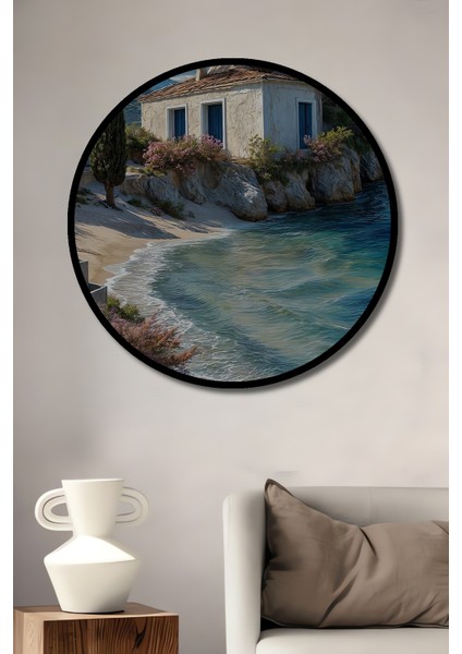 Deniz Kenarında Yağlı Boya Görünümlü Ahşap Dekoratif Tablo Sahil Evi Manzarası Yuvarlak Tablo fiyatları