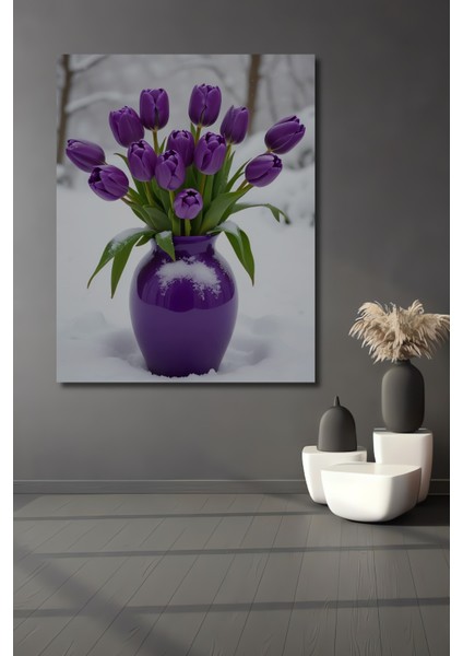 Mor Lale Buketi Kış Manzarası Sulu Boya Görünümlü Dekoratif Ahşap Tablo Dikdörtgen Tablo
