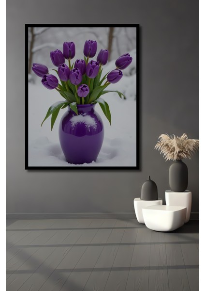 Mor Lale Buketi Kış Manzarası Sulu Boya Görünümlü Dekoratif Ahşap Tablo Dikdörtgen Tablo fiyatları