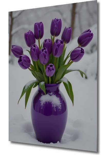Mor Lale Buketi Kış Manzarası Sulu Boya Görünümlü Dekoratif Ahşap Tablo Dikdörtgen Tablo modelleri