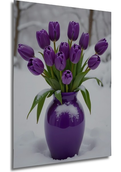 Mor Lale Buketi Kış Manzarası Sulu Boya Görünümlü Dekoratif Ahşap Tablo Dikdörtgen Tablo fırsatları