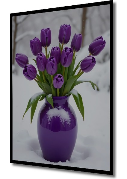 Mor Lale Buketi Kış Manzarası Sulu Boya Görünümlü Dekoratif Ahşap Tablo Dikdörtgen Tablo indirimleri