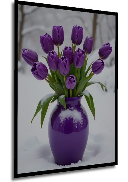 Mor Lale Buketi Kış Manzarası Sulu Boya Görünümlü Dekoratif Ahşap Tablo Dikdörtgen Tablo