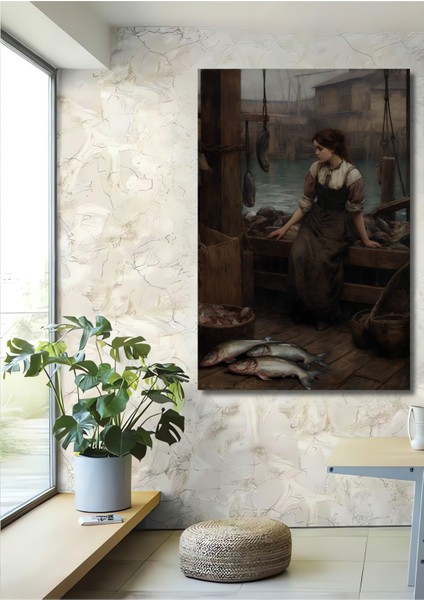 Deniz Kenarında Balıkçı Kız Yağlı Boya Görünümlü Klasik Sanat Ahşap Dekoratif Tablo Dikdörtgen Tablo
