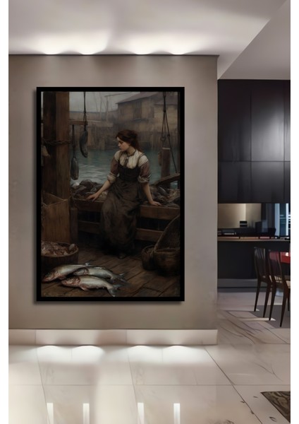 Deniz Kenarında Balıkçı Kız Yağlı Boya Görünümlü Klasik Sanat Ahşap Dekoratif Tablo Dikdörtgen Tablo fiyatları