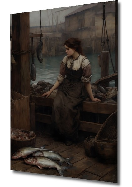 Deniz Kenarında Balıkçı Kız Yağlı Boya Görünümlü Klasik Sanat Ahşap Dekoratif Tablo Dikdörtgen Tablo modelleri