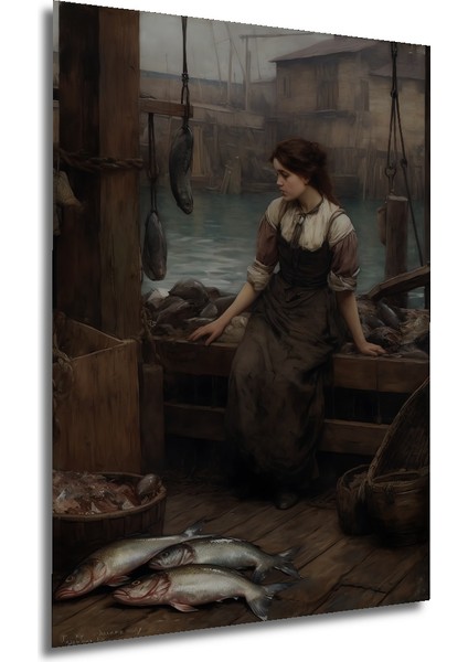 Deniz Kenarında Balıkçı Kız Yağlı Boya Görünümlü Klasik Sanat Ahşap Dekoratif Tablo Dikdörtgen Tablo fırsatları