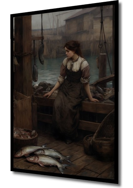 Deniz Kenarında Balıkçı Kız Yağlı Boya Görünümlü Klasik Sanat Ahşap Dekoratif Tablo Dikdörtgen Tablo indirimleri