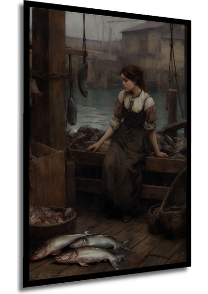 Deniz Kenarında Balıkçı Kız Yağlı Boya Görünümlü Klasik Sanat Ahşap Dekoratif Tablo Dikdörtgen Tablo