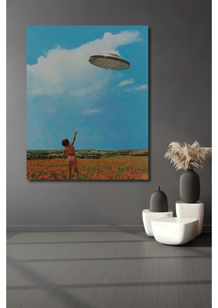 Ufo Uçurtma Gökyüzü Yağlı Boya Görünümlü Ahşap Dekoratif Tablo Dikdörtgen Tablo