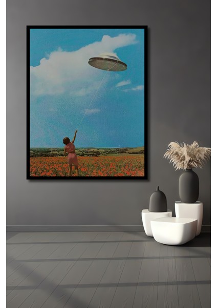 Ufo Uçurtma Gökyüzü Yağlı Boya Görünümlü Ahşap Dekoratif Tablo Dikdörtgen Tablo fiyatları