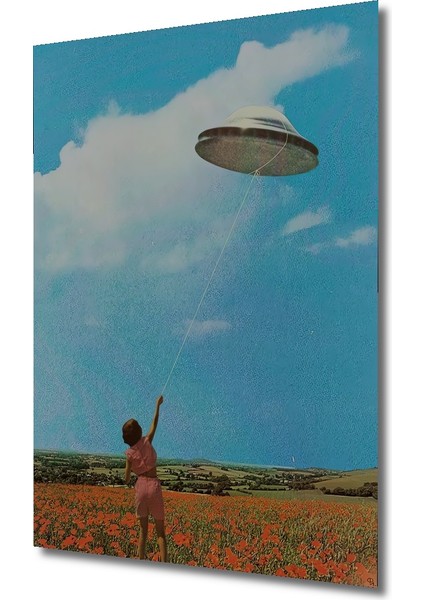 Ufo Uçurtma Gökyüzü Yağlı Boya Görünümlü Ahşap Dekoratif Tablo Dikdörtgen Tablo modelleri