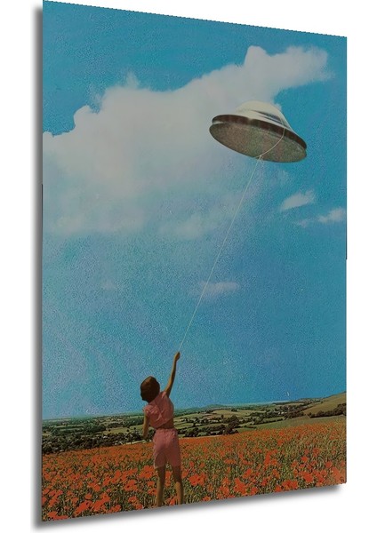 Ufo Uçurtma Gökyüzü Yağlı Boya Görünümlü Ahşap Dekoratif Tablo Dikdörtgen Tablo fırsatları