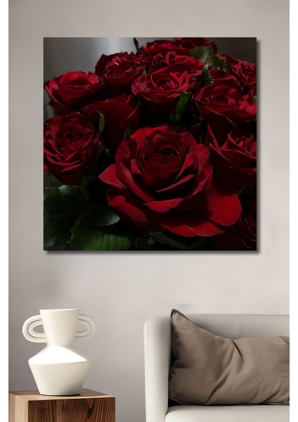 Kırmızı Gül Demeti Yağlı Boya Görünümlü Ahşap Dekoratif Tablo Dikdörtgen Tablo