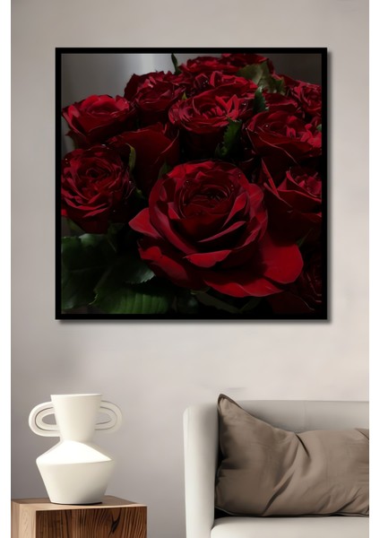 Kırmızı Gül Demeti Yağlı Boya Görünümlü Ahşap Dekoratif Tablo Dikdörtgen Tablo fiyatları