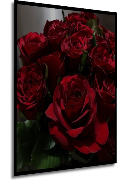 Kırmızı Gül Demeti Yağlı Boya Görünümlü Ahşap Dekoratif Tablo Dikdörtgen Tablo
