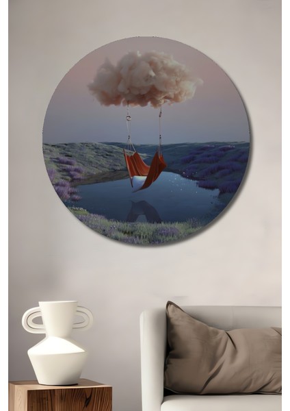 Bulut Salıncaklı Rüya Bahçesi Yağlı Boya Görünümlü Dekoratif Ahşap Tablo Yuvarlak Tablo