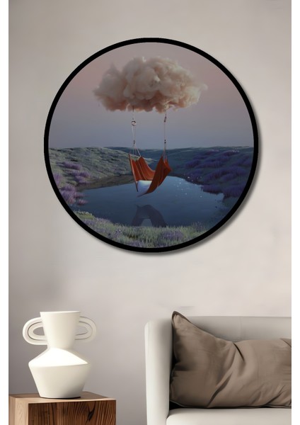 Bulut Salıncaklı Rüya Bahçesi Yağlı Boya Görünümlü Dekoratif Ahşap Tablo Yuvarlak Tablo fiyatları