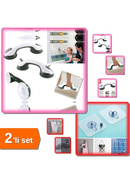 Banyo Kilitli Tutacağı + Çok Amaçlı 3 Adet Yapışkanlı Pin Askı - 2li Set - L4D8M6