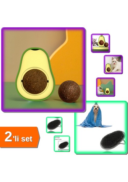 Avokado Kedi Nanesi Cat Oyun Topu + Kedi-Köpek Yıkama Fırçası - 2li Set DEF123