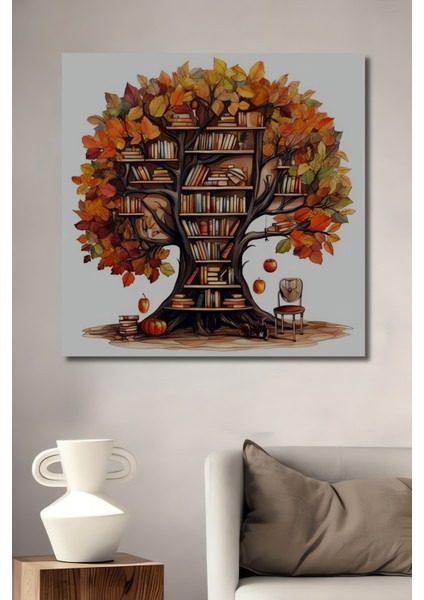 Sonbahar Ağacı Kitaplık Sulu Boya Görünümlü Ahşap Dekoratif Tablo Dikdörtgen Tablo