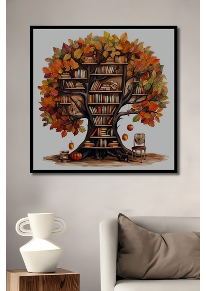 Sonbahar Ağacı Kitaplık Sulu Boya Görünümlü Ahşap Dekoratif Tablo Dikdörtgen Tablo fiyatları