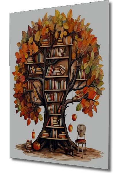 Sonbahar Ağacı Kitaplık Sulu Boya Görünümlü Ahşap Dekoratif Tablo Dikdörtgen Tablo modelleri